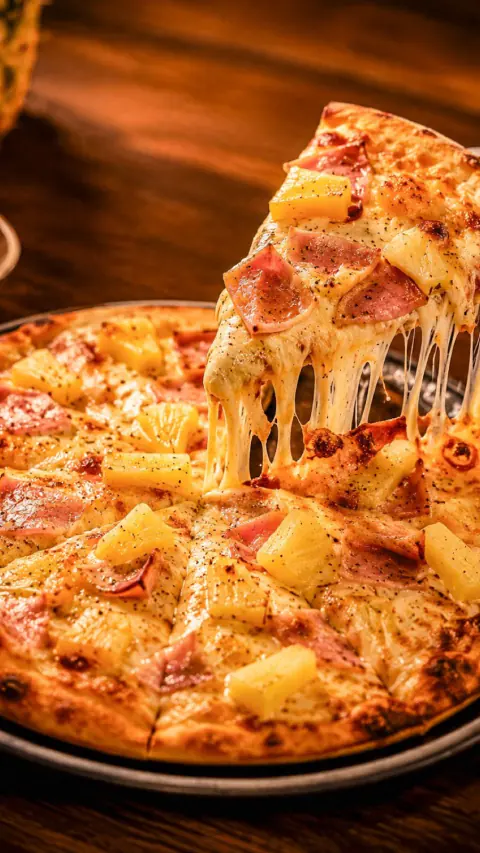 Porción de pizza hawaiana con queso derretido